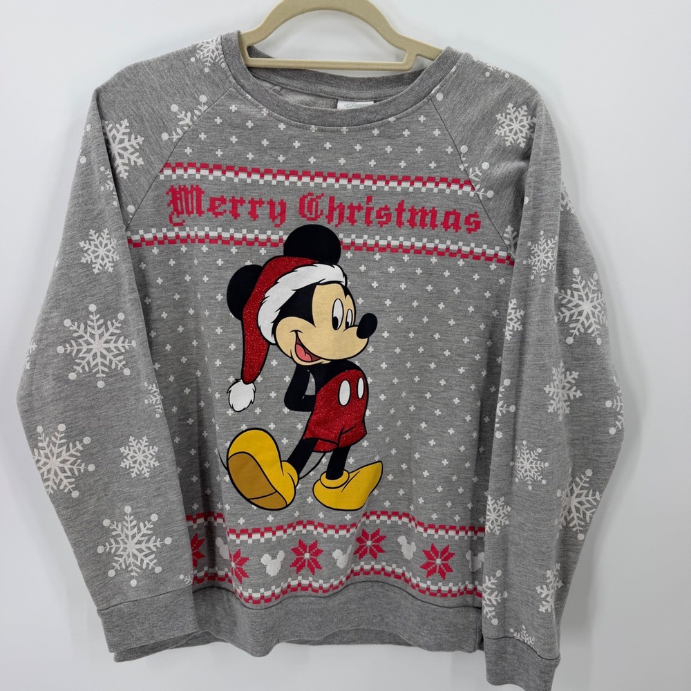 Disney Mickey Mouse Christmas Sweatshirt M Gray Glitter Holiday Disneycore